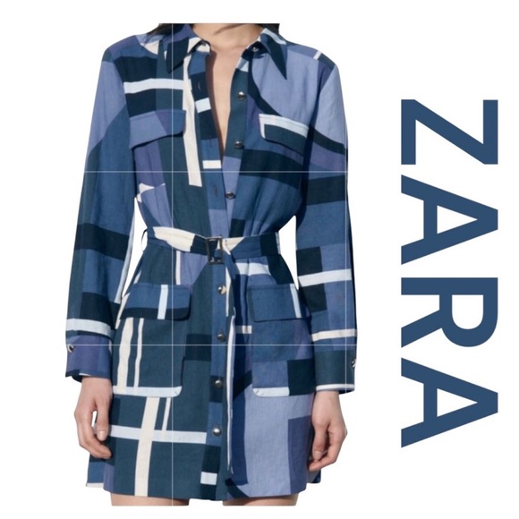 ZARA Geometric Print Button Front Mini Shirtdress, Long Sleeve, Size M. - Picture 1 of 11